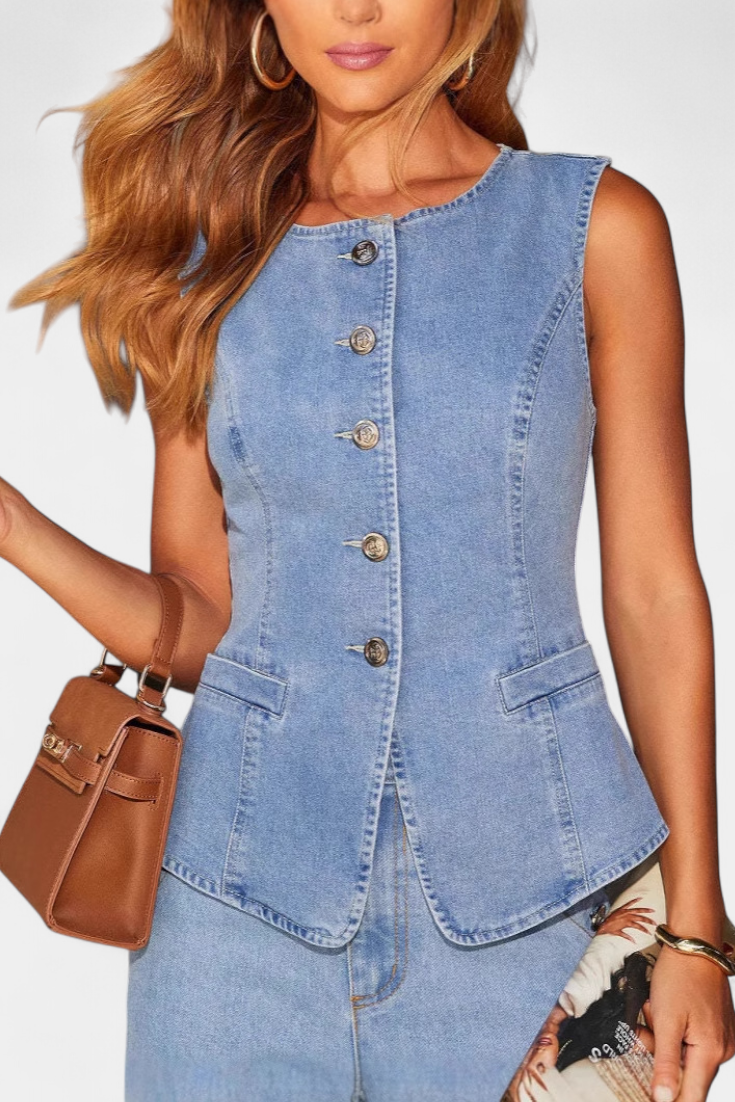 Ludovica Ensemble Denim avec Gilet Ajusté Sans Manches et Jeans à Jambes Larges