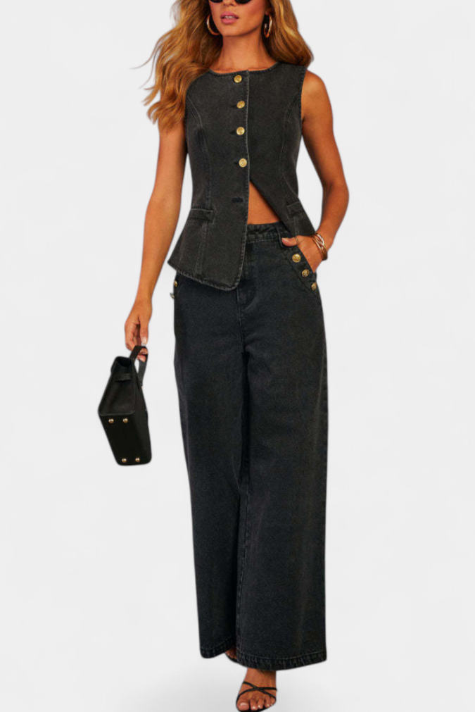 Ludovica Ensemble Denim avec Gilet Ajusté Sans Manches et Jeans à Jambes Larges
