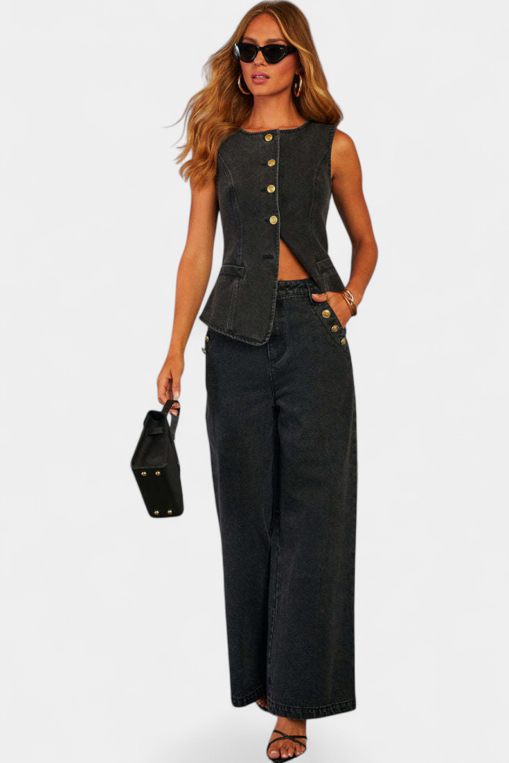 Ludovica Ensemble Denim avec Gilet Ajusté Sans Manches et Jeans à Jambes Larges