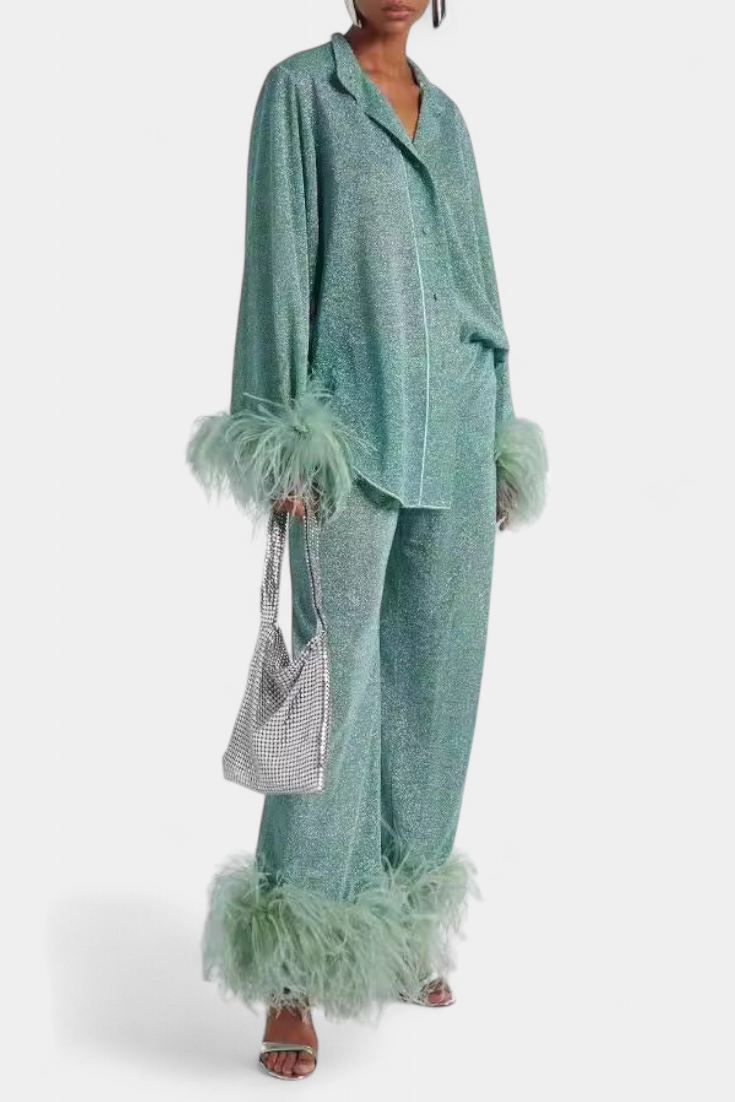 Polina Ensemble Blouse à Manches Longues et Pantalon Décontracté avec Collier Plumes
