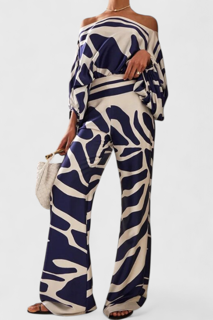 Sybella Ensemble à Haut Épaules Tombantes et Pantalon à Jambes Larges avec Imprimé Artistique