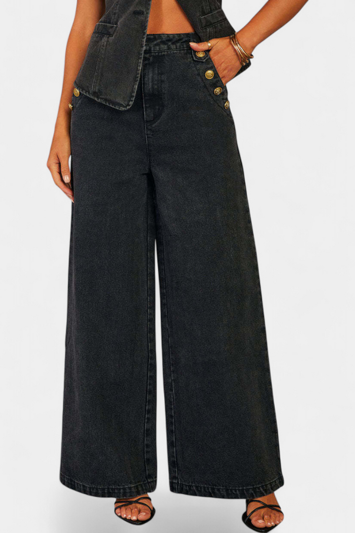 Ludovica Ensemble Denim avec Gilet Ajusté Sans Manches et Jeans à Jambes Larges