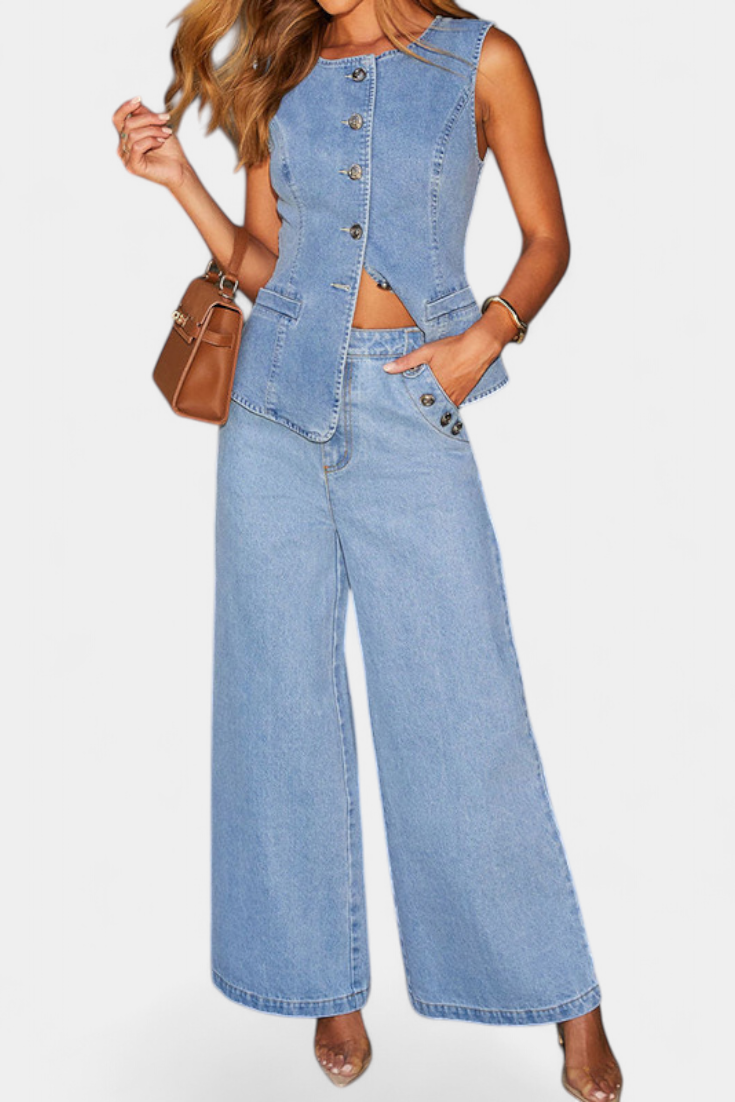 Ludovica Ensemble Denim avec Gilet Ajusté Sans Manches et Jeans à Jambes Larges