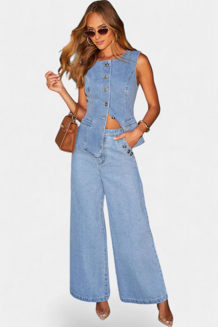 Ludovica Ensemble Denim avec Gilet Ajusté Sans Manches et Jeans à Jambes Larges