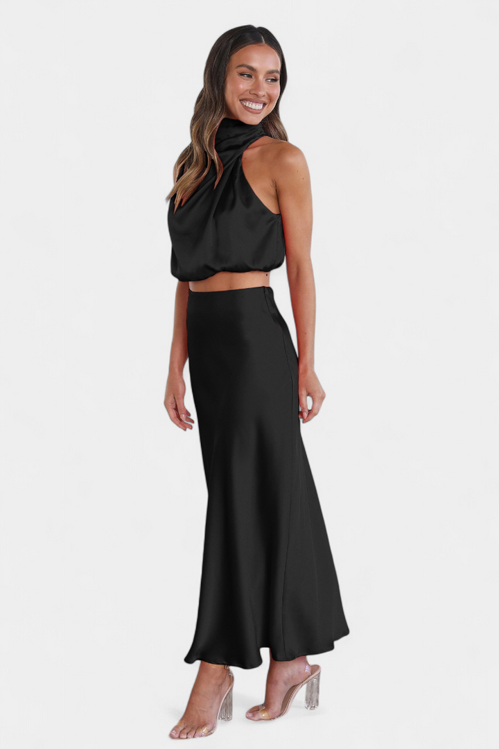 Hanna Ensemble Deux Pièces à Col Halter Drapé et Dos Nu