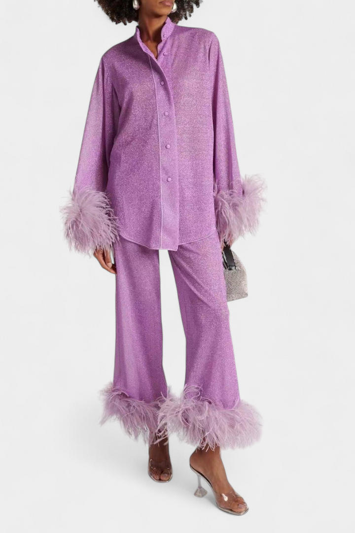 Polina Ensemble Blouse à Manches Longues et Pantalon Décontracté avec Collier Plumes