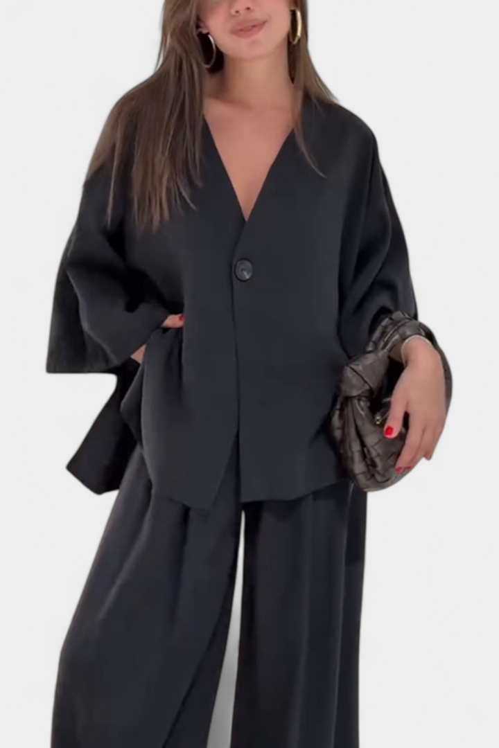 Eli Ensemble Élégant à Col en V et Pantalon Droit