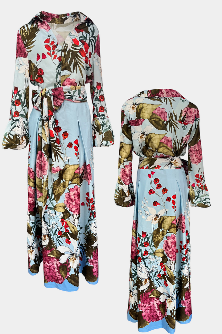 Sanne Ensemble à Imprimé Botanique avec Chemise Ceinturée et Pantalon Palazzo