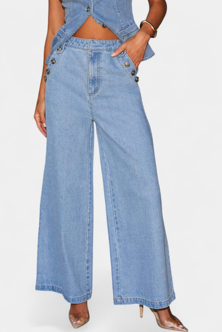 Ludovica Ensemble Denim avec Gilet Ajusté Sans Manches et Jeans à Jambes Larges
