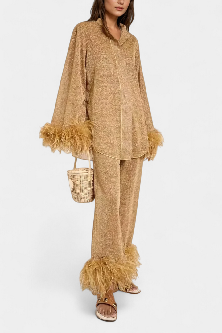 Polina Ensemble Blouse à Manches Longues et Pantalon Décontracté avec Collier Plumes