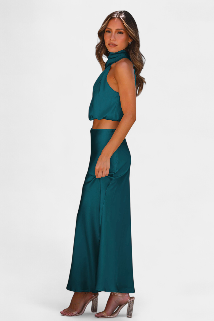 Hanna Ensemble Deux Pièces à Col Halter Drapé et Dos Nu