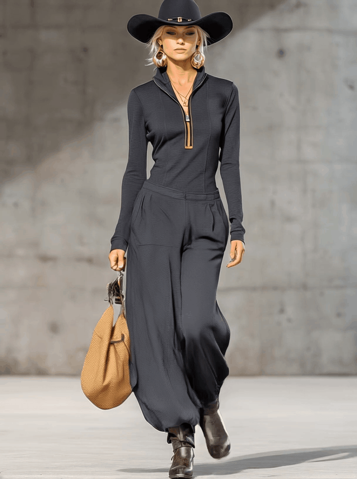 Azélina Ensemble Gris Foncé à Col Montant et Pantalons Amples