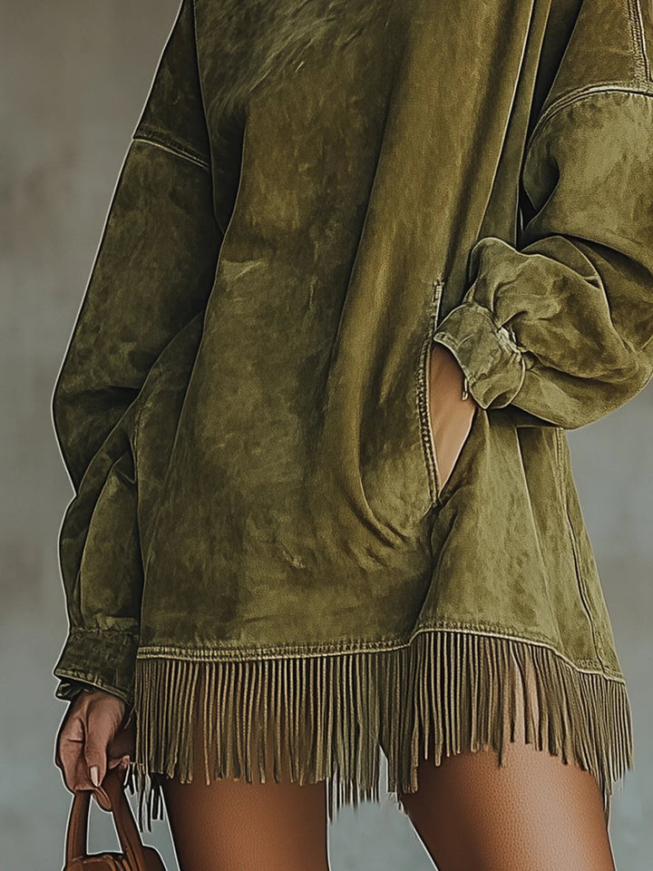 Amalia ║ Robe en daim avec col montant et franges