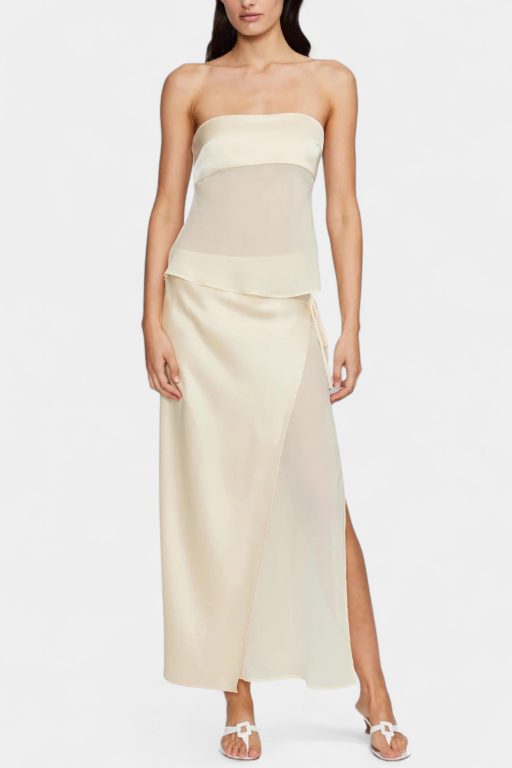 Fjorela Ensemble Bustier Structuré et Jupe Midi Asymétrique en Satin