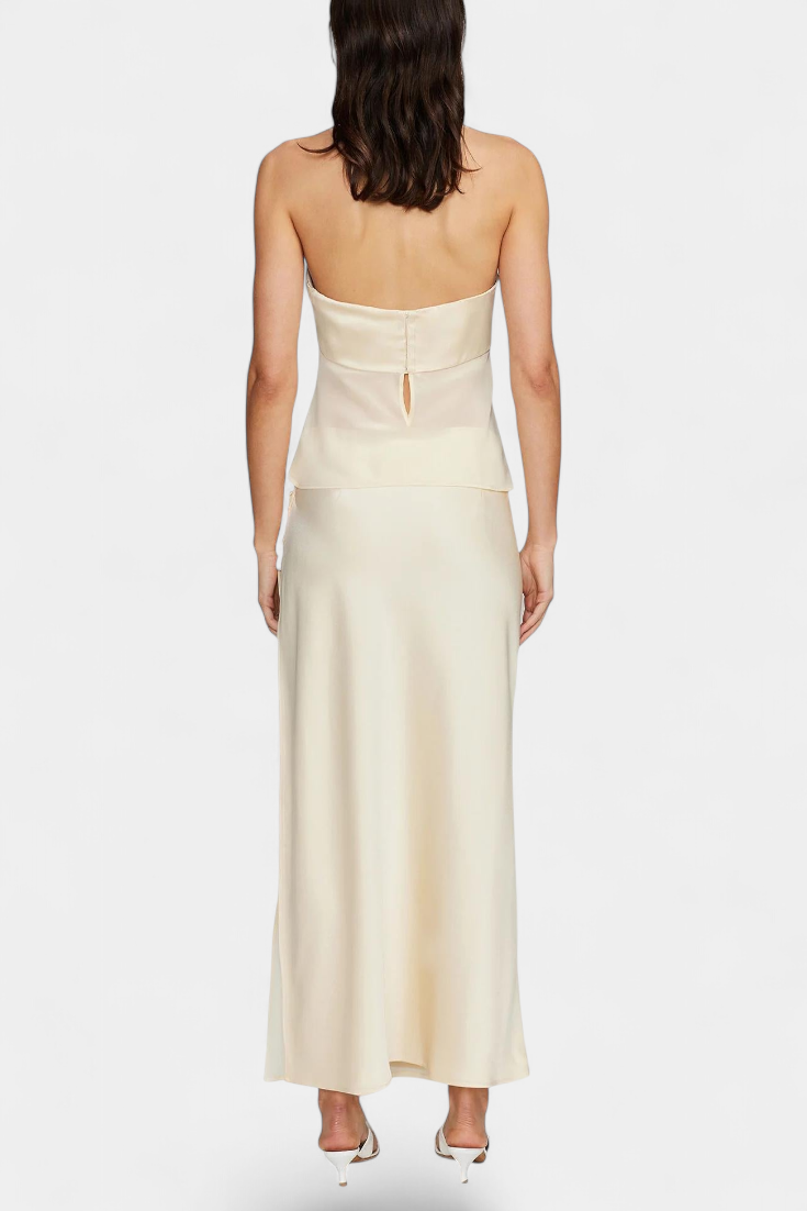 Fjorela Ensemble Bustier Structuré et Jupe Midi Asymétrique en Satin