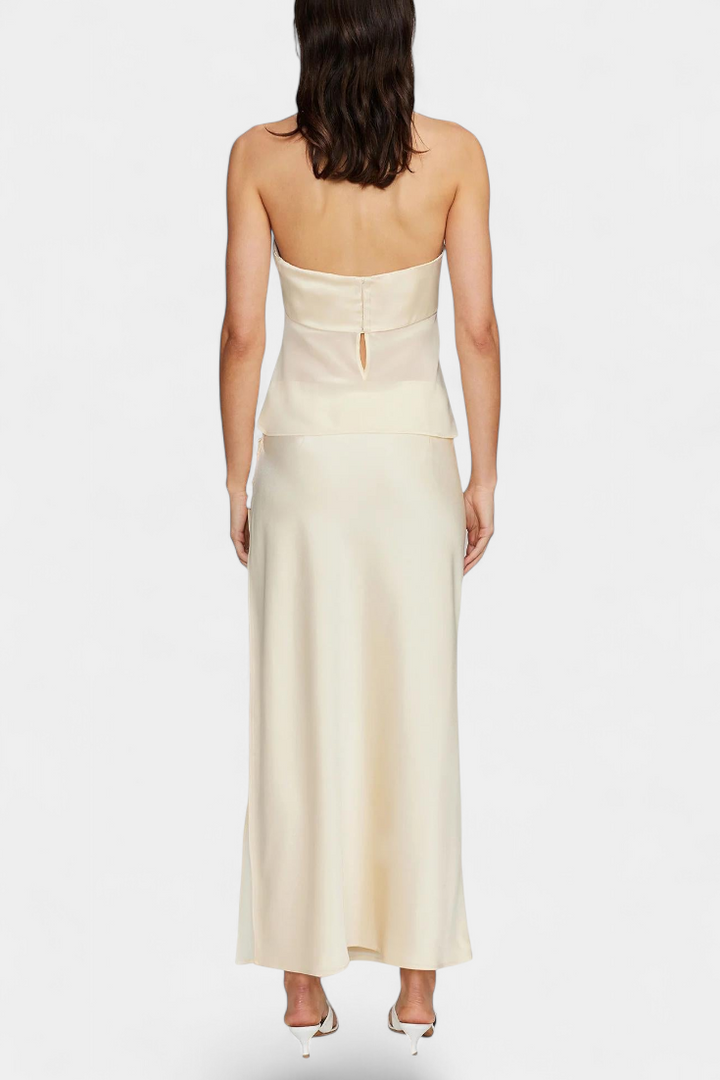 Fjorela Ensemble Bustier Structuré et Jupe Midi Asymétrique en Satin