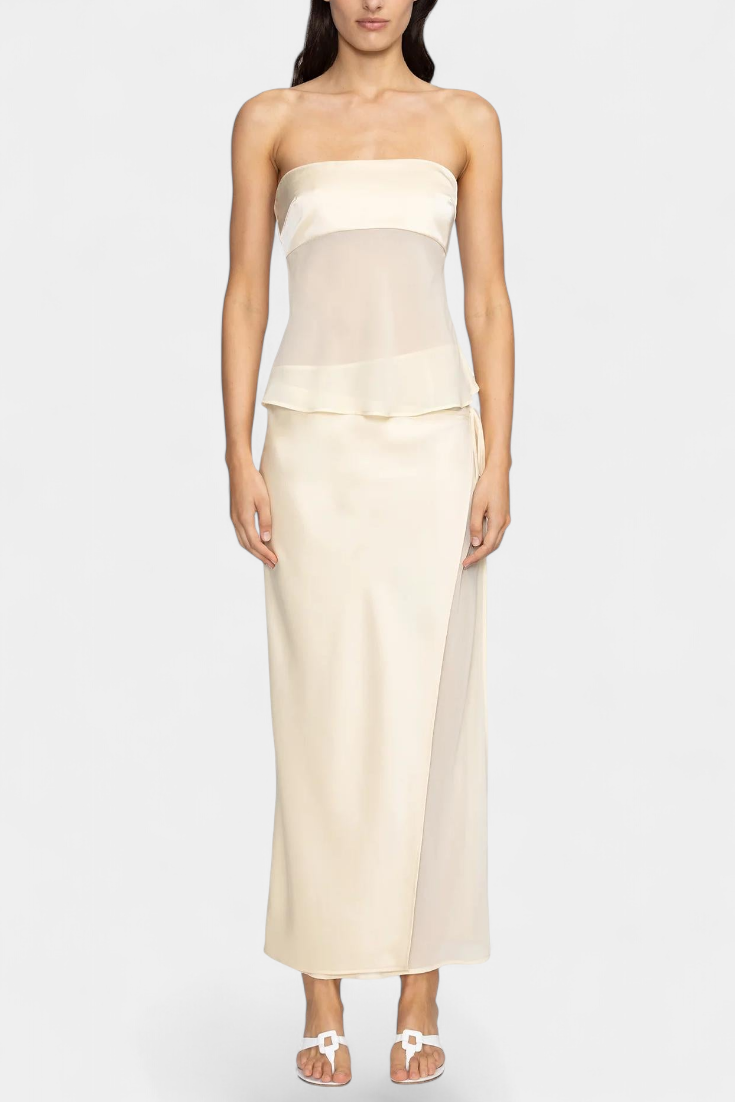 Fjorela Ensemble Bustier Structuré et Jupe Midi Asymétrique en Satin