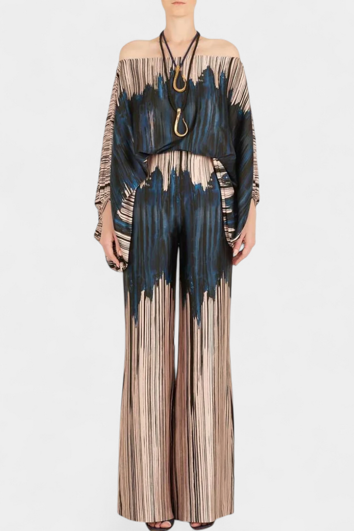 Sybella Ensemble à Haut Épaules Tombantes et Pantalon à Jambes Larges avec Imprimé Artistique