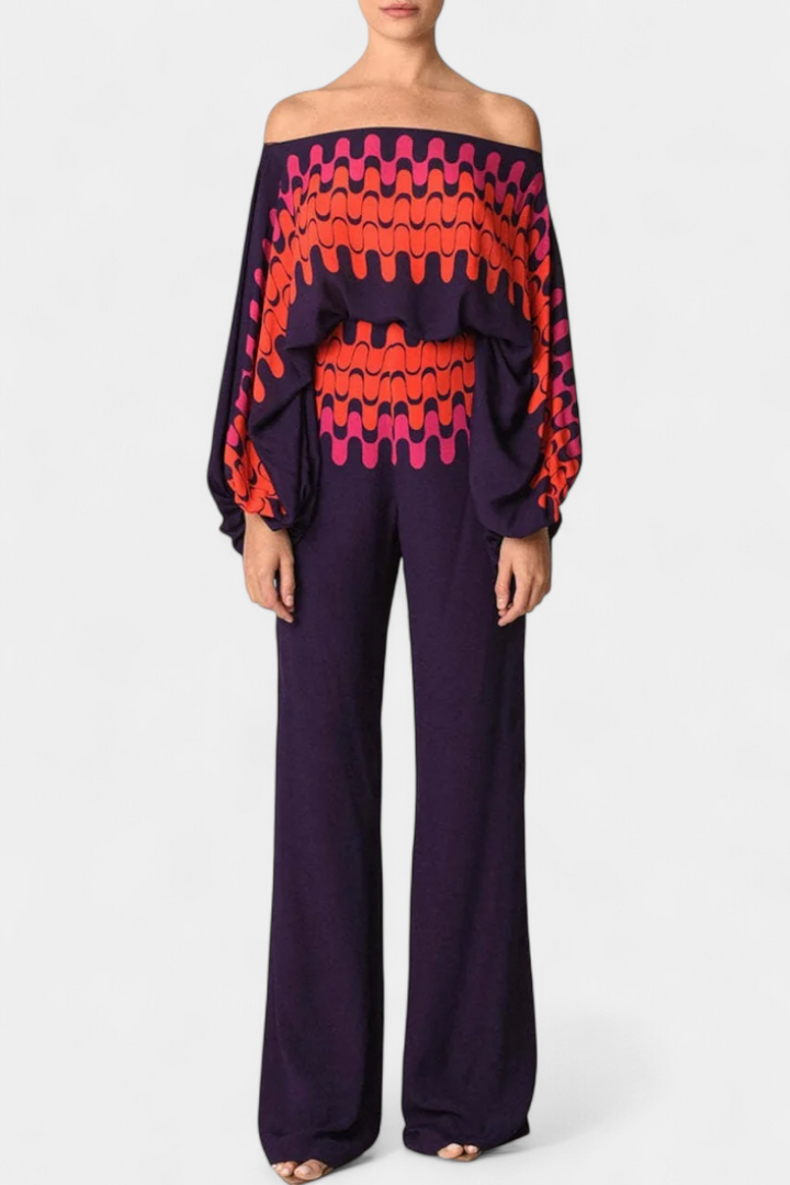 Sybella Ensemble à Haut Épaules Tombantes et Pantalon à Jambes Larges avec Imprimé Artistique