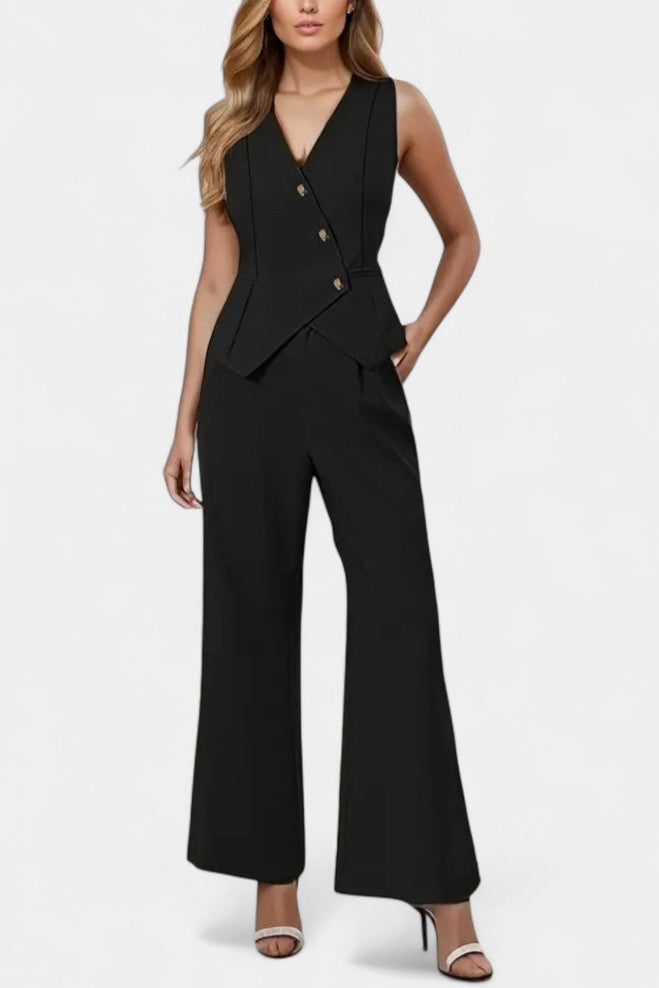 Heskia Ensemble Gilet Peplum Asymétrique et Pantalon Taille Haute