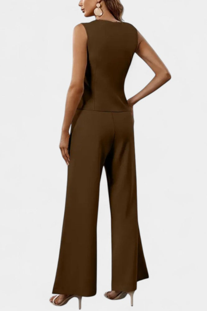 Heskia Ensemble Gilet Peplum Asymétrique et Pantalon Taille Haute