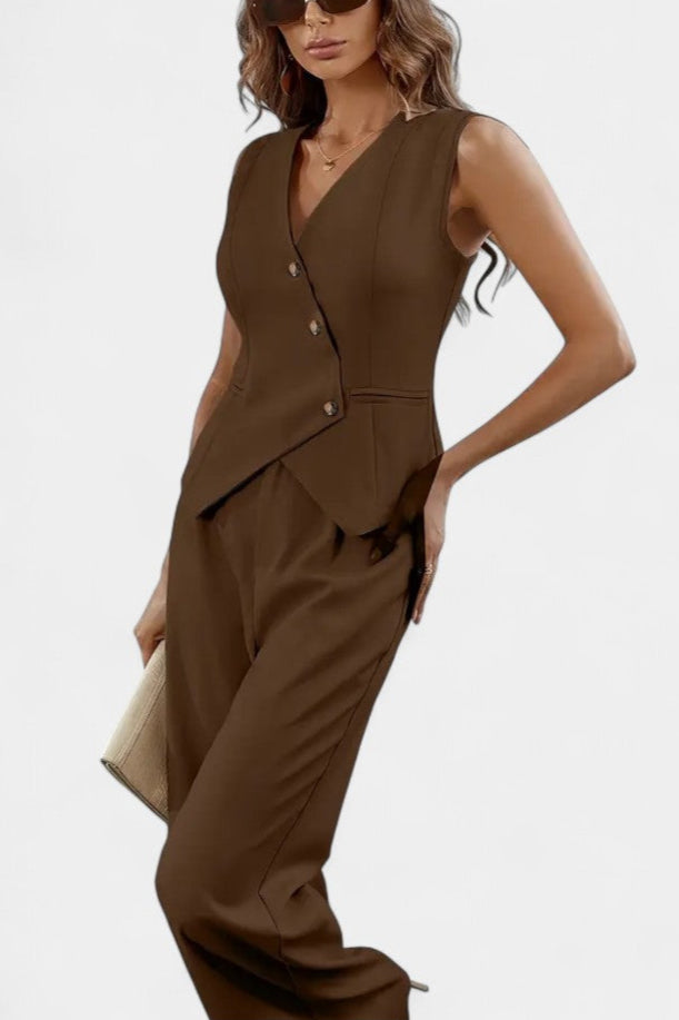 Heskia Ensemble Gilet Peplum Asymétrique et Pantalon Taille Haute