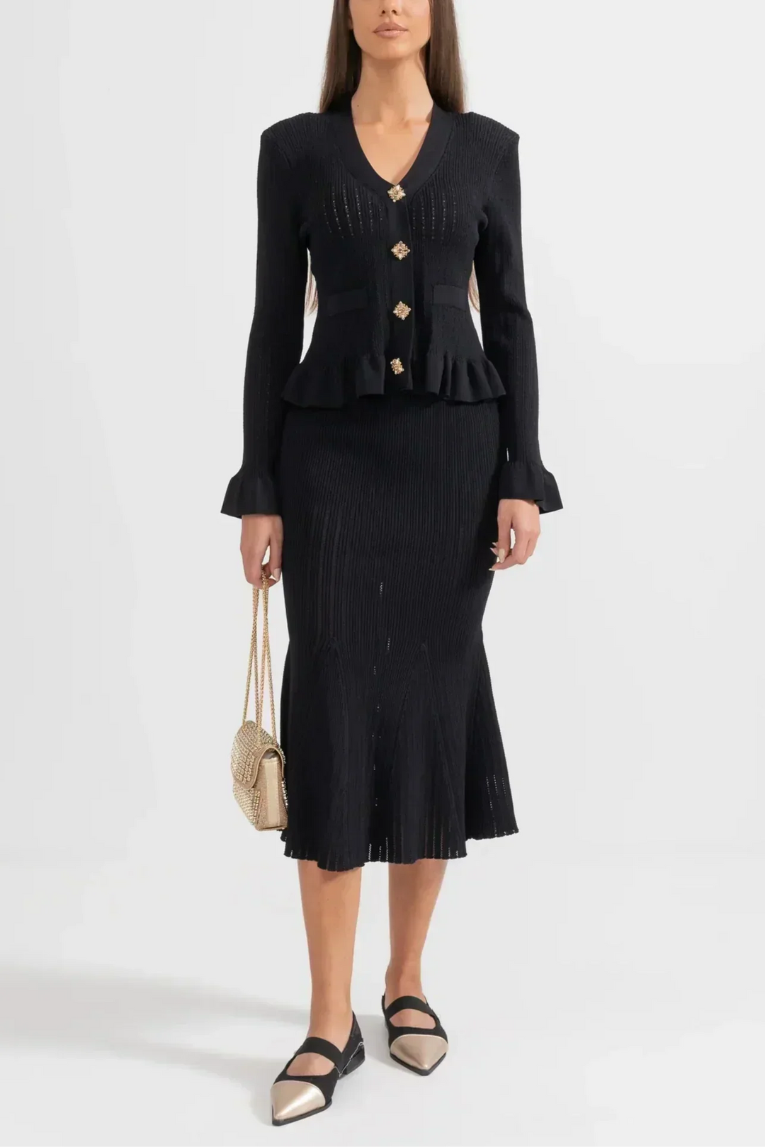 Prudence Ensemble en Maille avec Cardigan à Volants et Jupe Mi-Longue Évasée