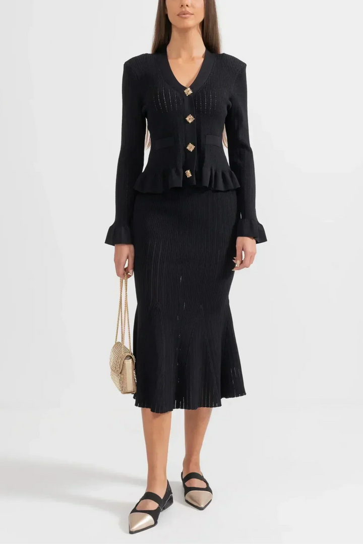 Prudence Ensemble en Maille avec Cardigan à Volants et Jupe Mi-Longue Évasée