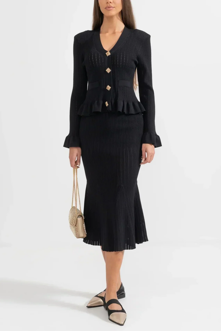Prudence Ensemble en Maille avec Cardigan à Volants et Jupe Mi-Longue Évasée