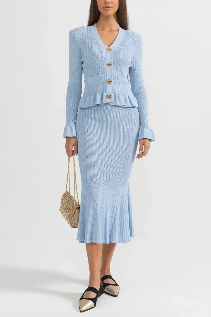 Prudence Ensemble en Maille avec Cardigan à Volants et Jupe Mi-Longue Évasée