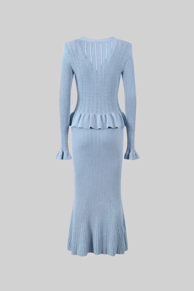 Prudence Ensemble en Maille avec Cardigan à Volants et Jupe Mi-Longue Évasée