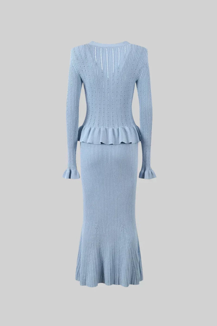 Prudence Ensemble en Maille avec Cardigan à Volants et Jupe Mi-Longue Évasée