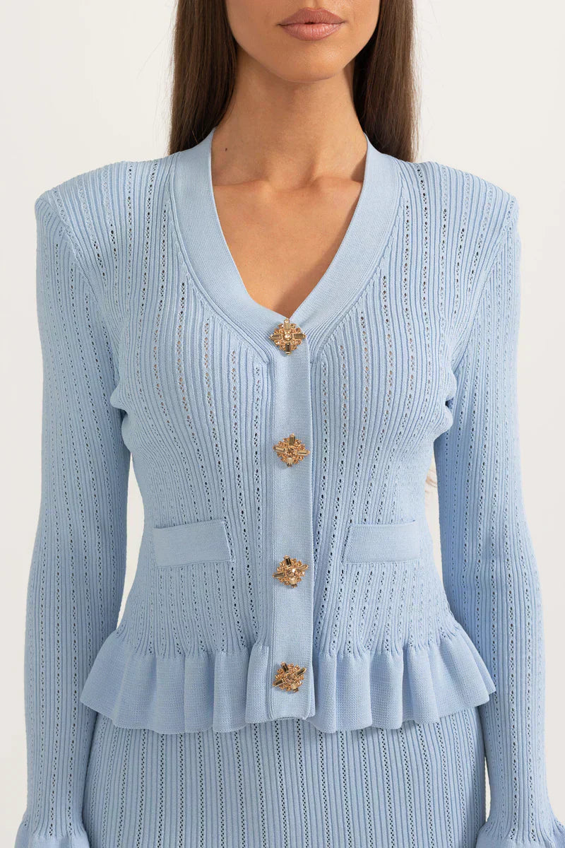 Prudence Ensemble en Maille avec Cardigan à Volants et Jupe Mi-Longue Évasée
