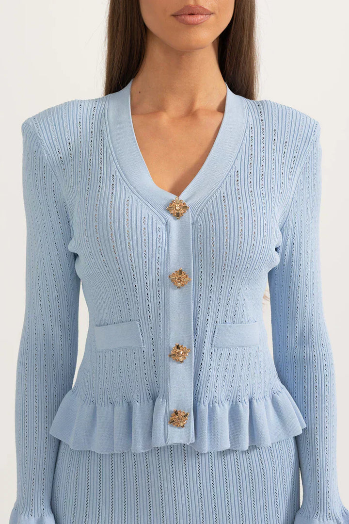 Prudence Ensemble en Maille avec Cardigan à Volants et Jupe Mi-Longue Évasée