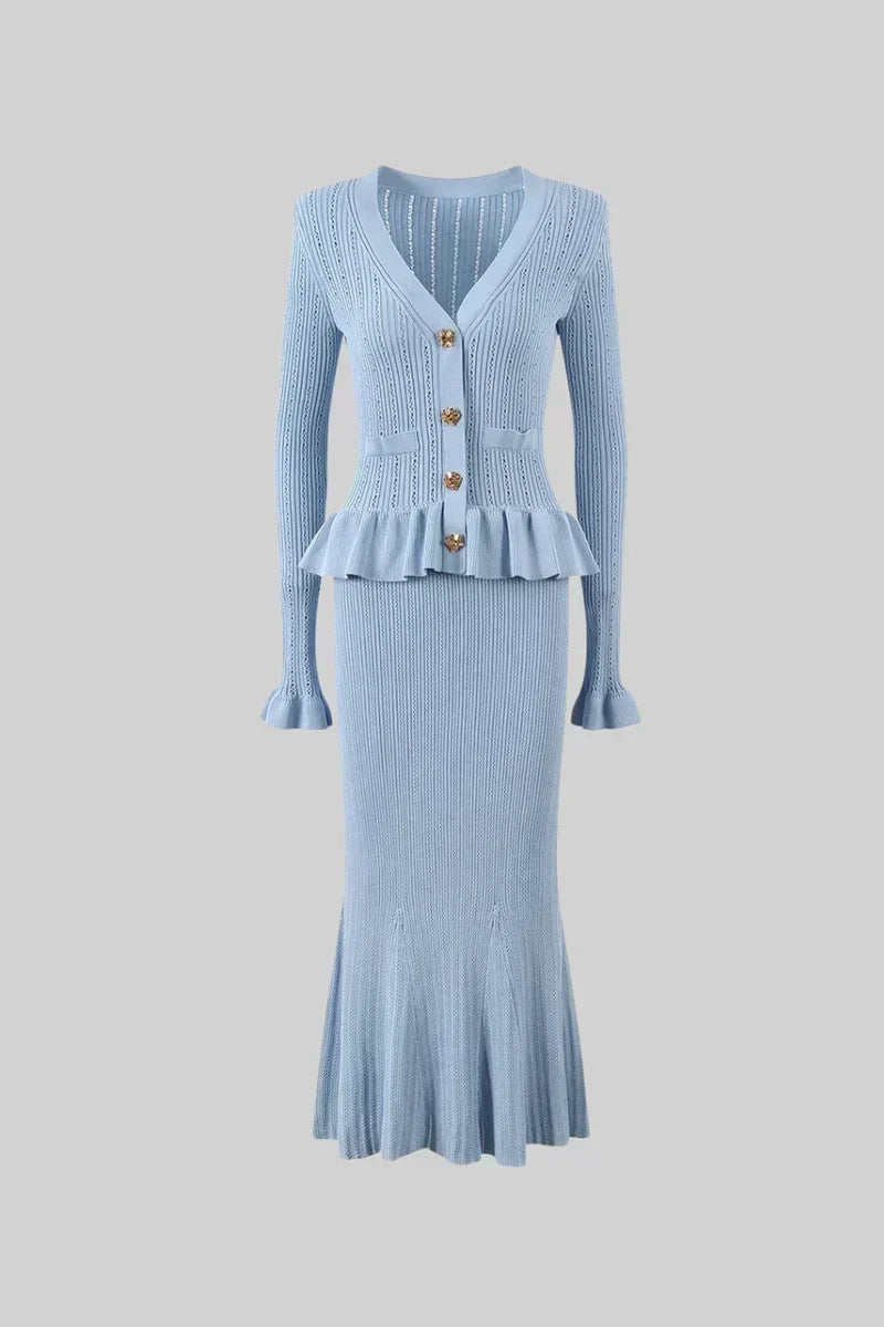 Prudence Ensemble en Maille avec Cardigan à Volants et Jupe Mi-Longue Évasée