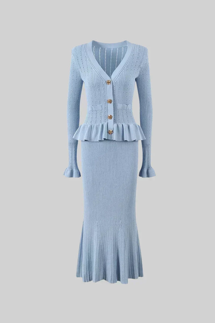Prudence Ensemble en Maille avec Cardigan à Volants et Jupe Mi-Longue Évasée