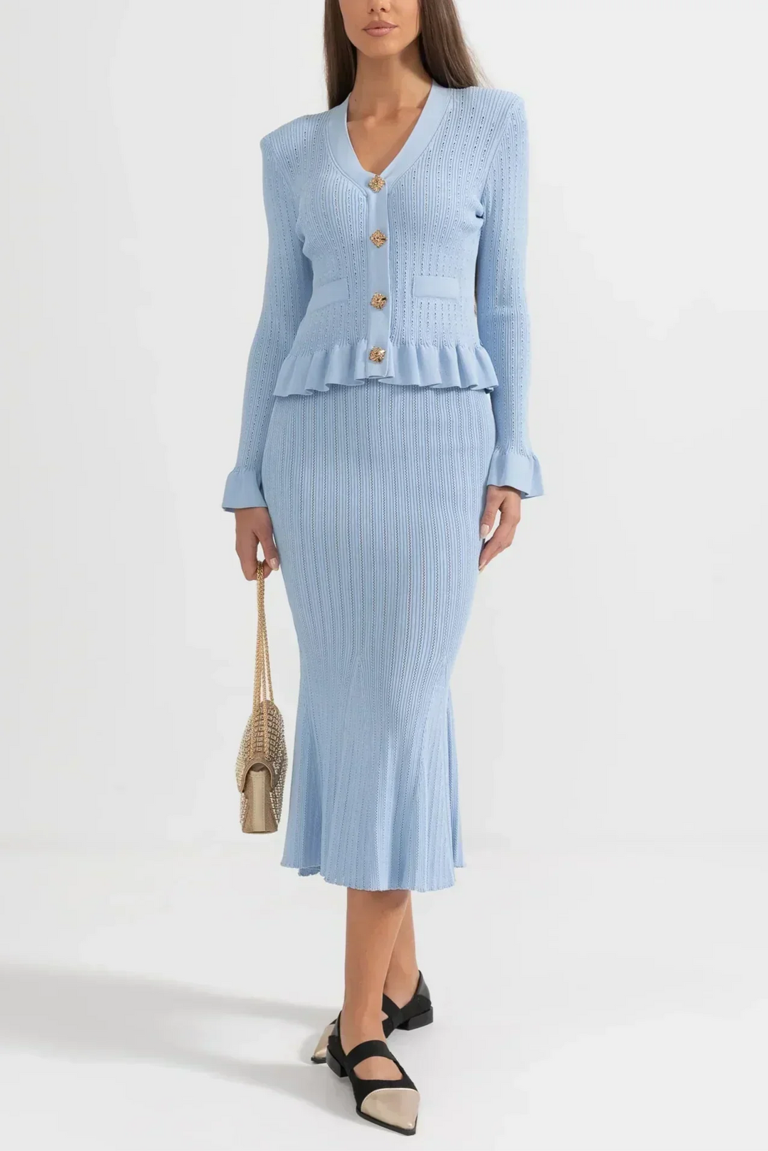 Prudence Ensemble en Maille avec Cardigan à Volants et Jupe Mi-Longue Évasée