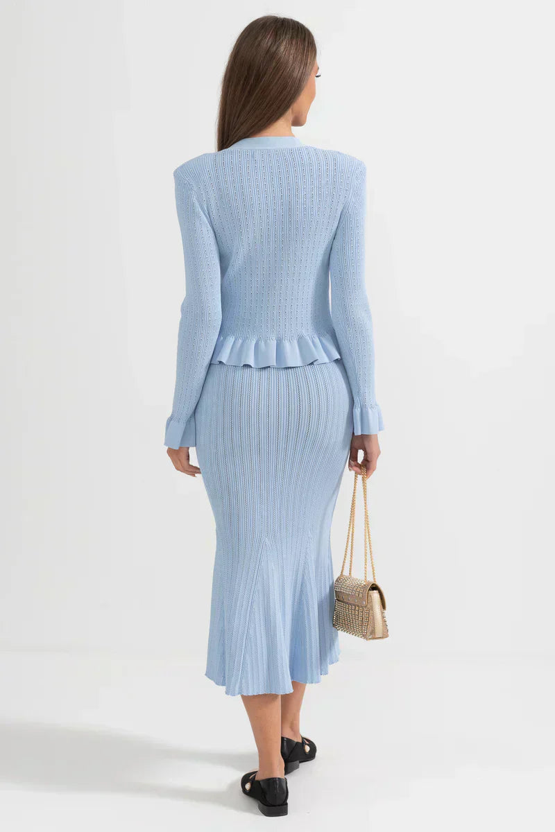Prudence Ensemble en Maille avec Cardigan à Volants et Jupe Mi-Longue Évasée