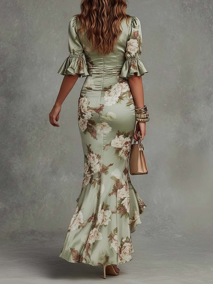 Anastasia | Robe Longue Satinée à Imprimé Floral