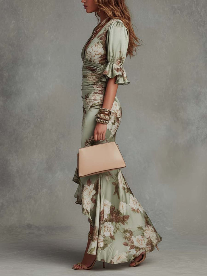 Anastasia | Robe Longue Satinée à Imprimé Floral