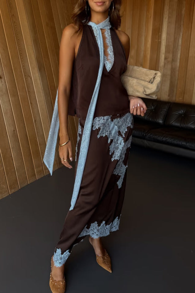 Elvira Ensemble Coordonné à Panneaux en Dentelle Contrastée