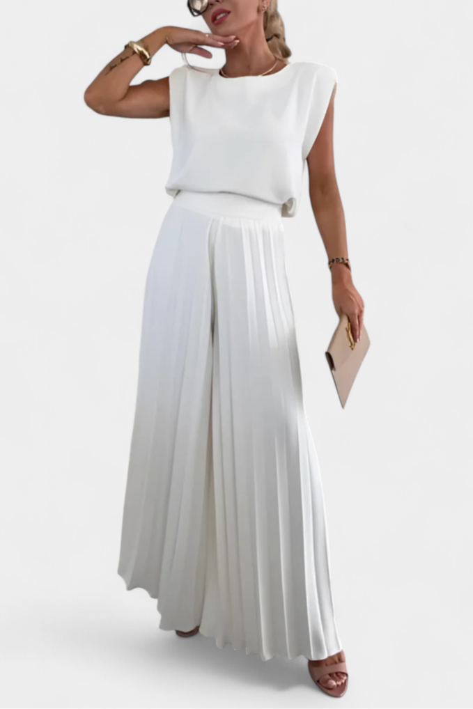 Liora Ensemble Sans Manches à Dos Nu et Pantalon Plissé à Jambes Larges