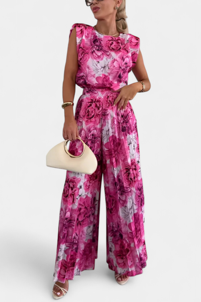Liora Ensemble Sans Manches à Dos Nu et Pantalon Plissé à Jambes Larges