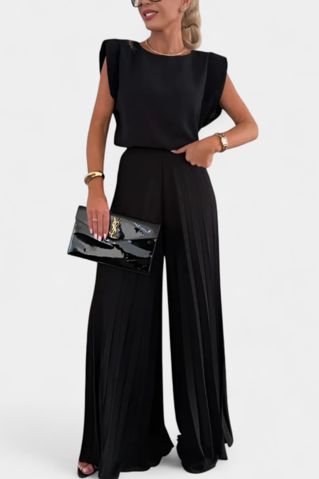 Liora Ensemble Sans Manches à Dos Nu et Pantalon Plissé à Jambes Larges