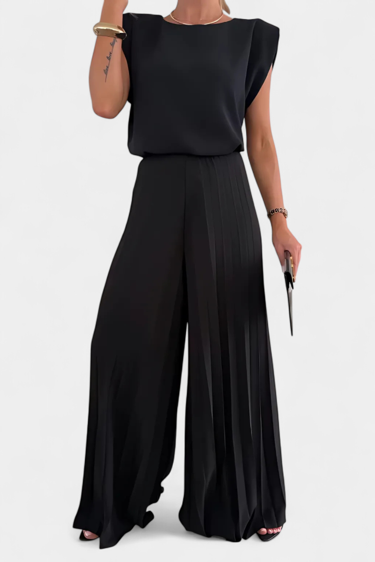 Liora Ensemble Sans Manches à Dos Nu et Pantalon Plissé à Jambes Larges