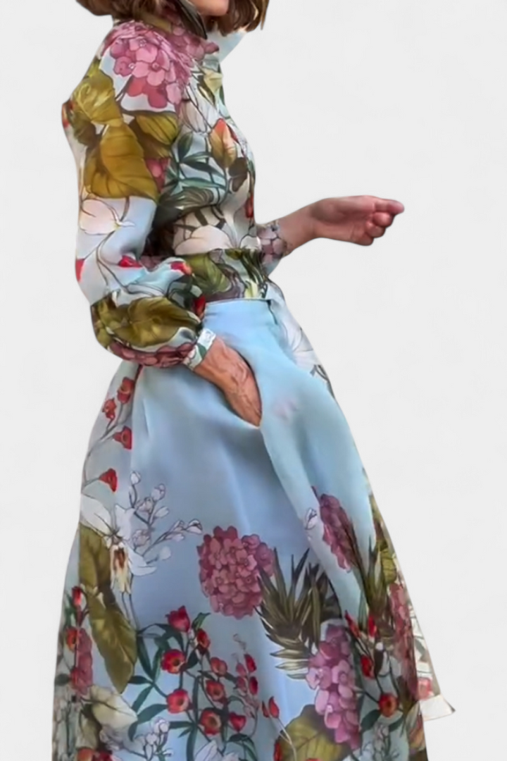 Sanne Ensemble à Imprimé Botanique avec Chemise Ceinturée et Pantalon Palazzo