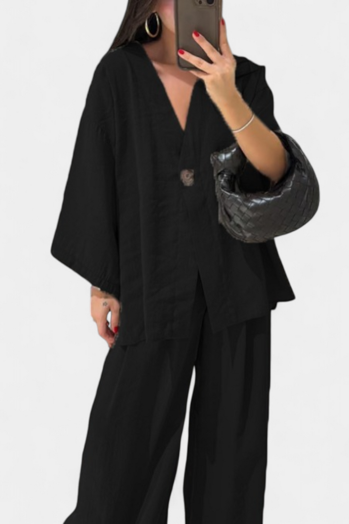 Eli Ensemble Élégant à Col en V et Pantalon Droit