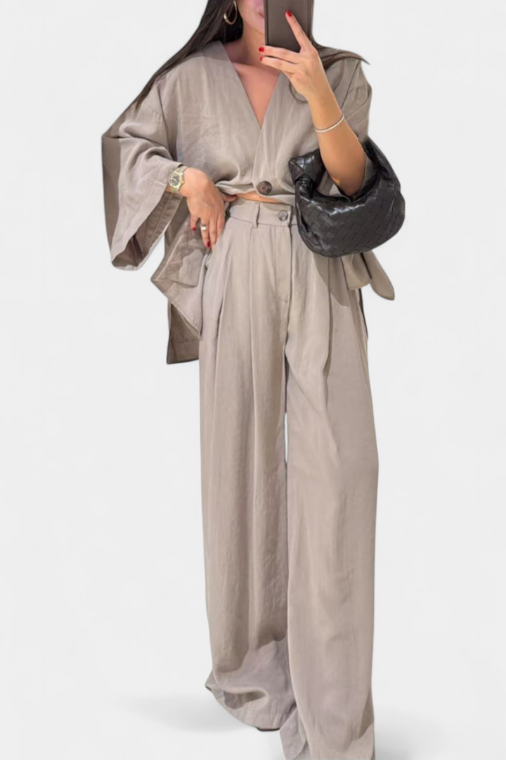 Eli Ensemble Élégant à Col en V et Pantalon Droit