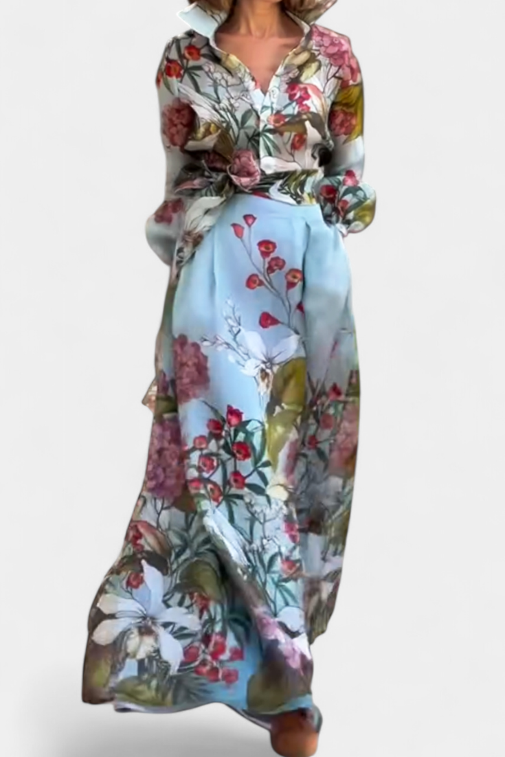 Sanne Ensemble à Imprimé Botanique avec Chemise Ceinturée et Pantalon Palazzo