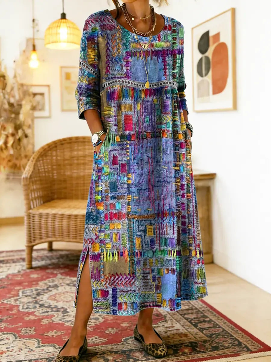 Isabelle | Robe en Denim avec Patchwork Ethnique